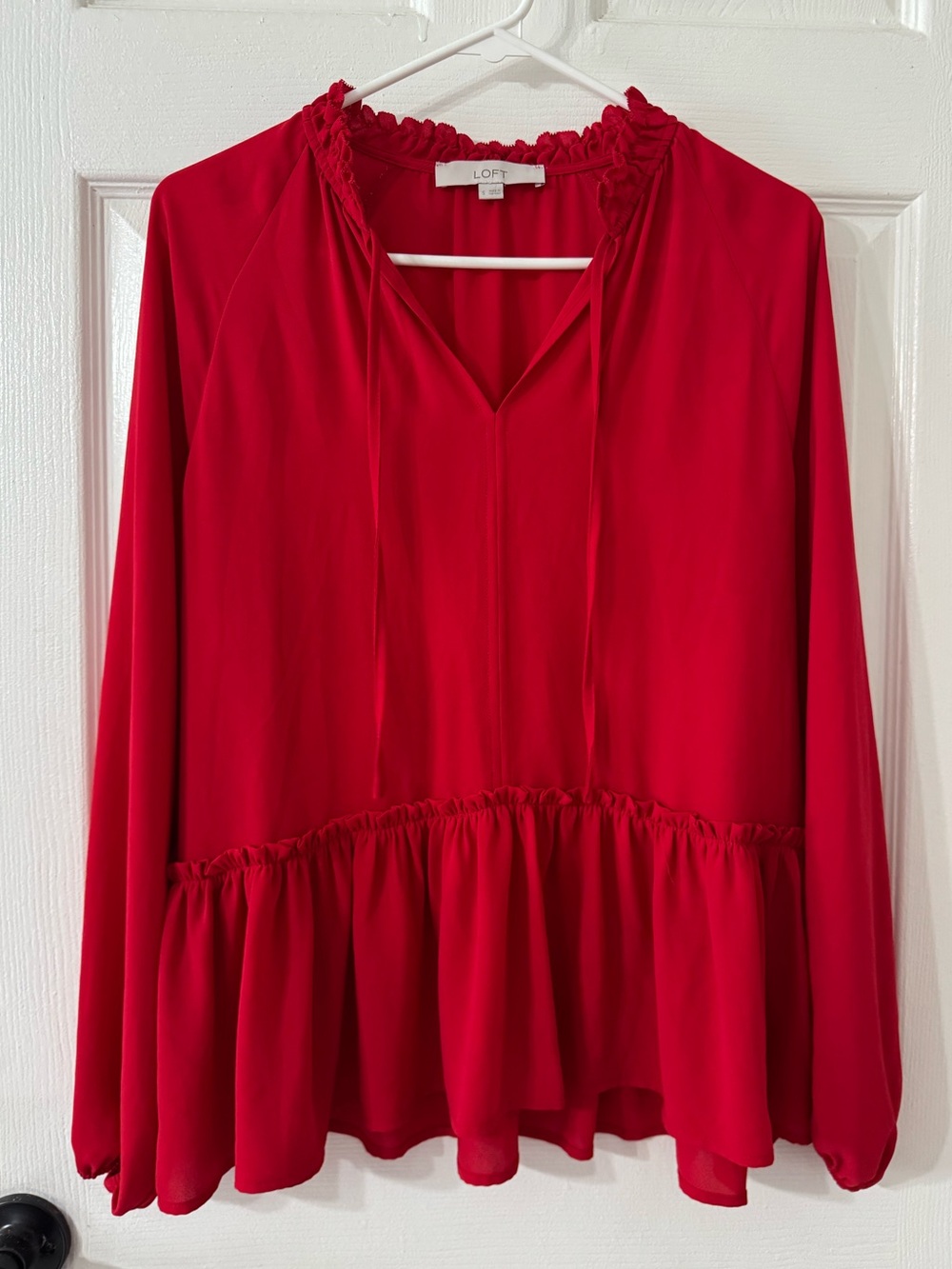 LOFT Vibrant Red Long-Sleeve Ruffled Peplum Blouse